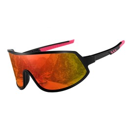 TIANYESY Polarised Sports Sunglasses for Men Womens Cycling Sunglasses UV400 Protection Superlight Frame Glasses for Skiing, Running (Black frame/orange red lens)