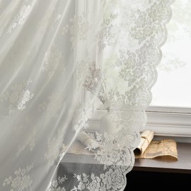 Kotile Ivory Lace Curtains 54 Inch Length for Bedroom, Country Rustic Floral Sheer Lace Curtains 2 Panels Set, Rod Pocket Privacy Window Lace Curtain Panels, 42 x 54 Inch Each, Ivory