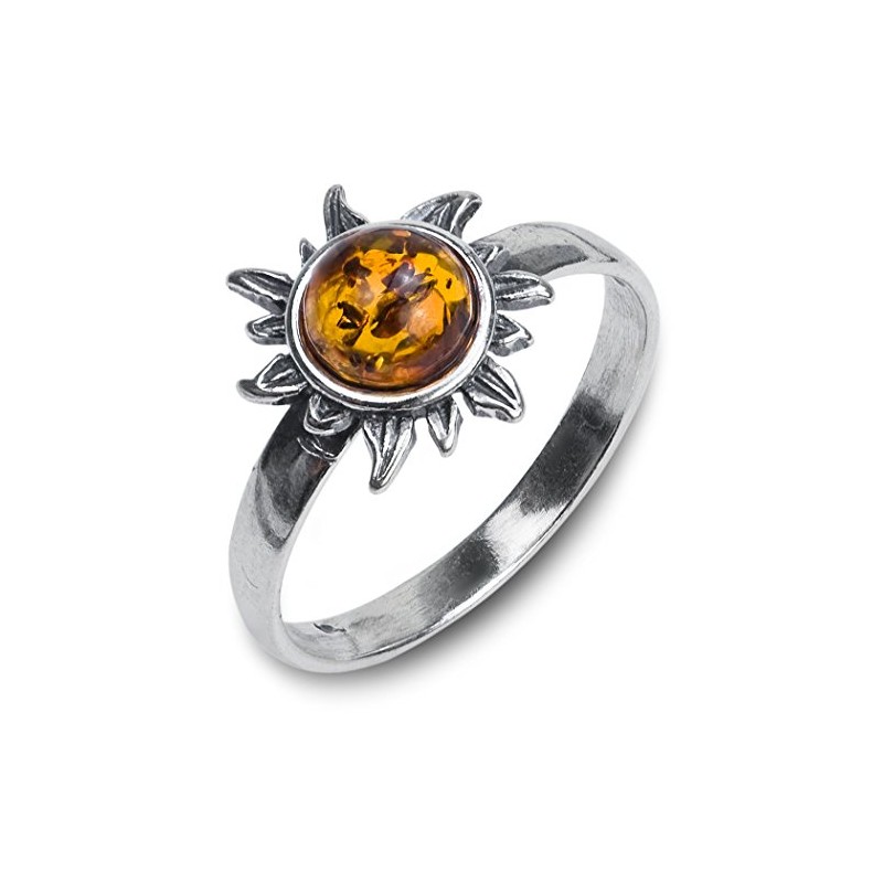 Honey Amber Sterling Silver Sun Ring, size 10
