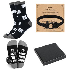 18th Birthday Gifts for Boys, Men Calf Socks 9-11 Cotton with Happy 18th Birthday Bracelet, Unique Funny Gift Set for 18th Teenage Boys