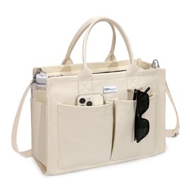 TOPDesign Heavy-Duty Canvas Tote Bag for Women, Adjustable Crossbody/Shoulder Handbag with 9 Pockets, Everything Tote, Beige, One Size