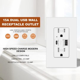 USB C Wall Outlet Receptacle, 4.8A USB Type C + A, High Speed Charging for Smart Devices,1 USB C, 1 USB A Charging Ports, 15 Amp Duplex Receptacle Tamper-Resistant w/Wall Plate (10, White)