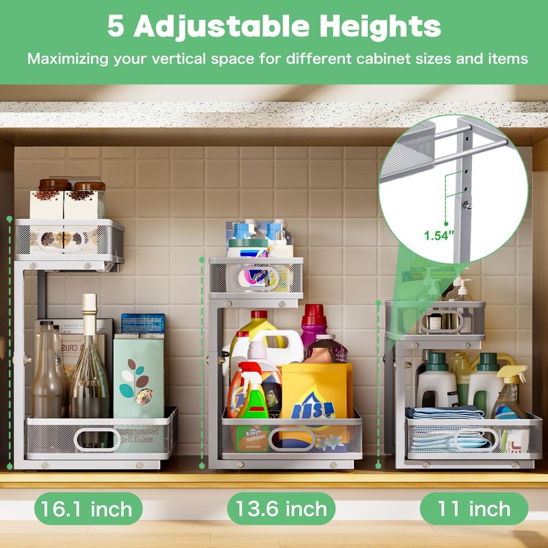 Uder Sink Organizer, High Adjustable 2 Tier Under Sink Organizers