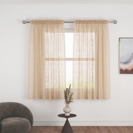 Beige Sheer Curtains 54 inches Long Kitchen Dining Living Room Curtain Sheers Basement 2 Panels Voile Linen Textured Transparent Bedroom Drapes Rod Pocket Window Treatment Set