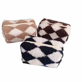 VDOOREE 3pcs Checkered Plush Makeup Bag Terry Cloth Cosmetic Bag Zipper Travel Toiletry Bag Organizer Soft Pencil Pouch Case Makeup Brushes Storage Bag for Women GirlsPS