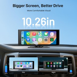 WonVon Wireless Car Play Screen, 10.26'' Monitor with Apple Carplay & Android Auto, 4K Dash Cam 64G, 1080P Backup Camera, Portable Smart Touch Tablet Stereo Multimedia Dashboard, Bluetooth/FM/GPS/AUX