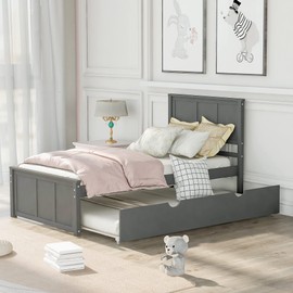P PURLOVE Twin Bed Frame with Trundle,Solid Wood Day Bed Twin Size with Headboard,Twin Size Trundle Bed Frame for Kids Teens Adults Boys,Gray