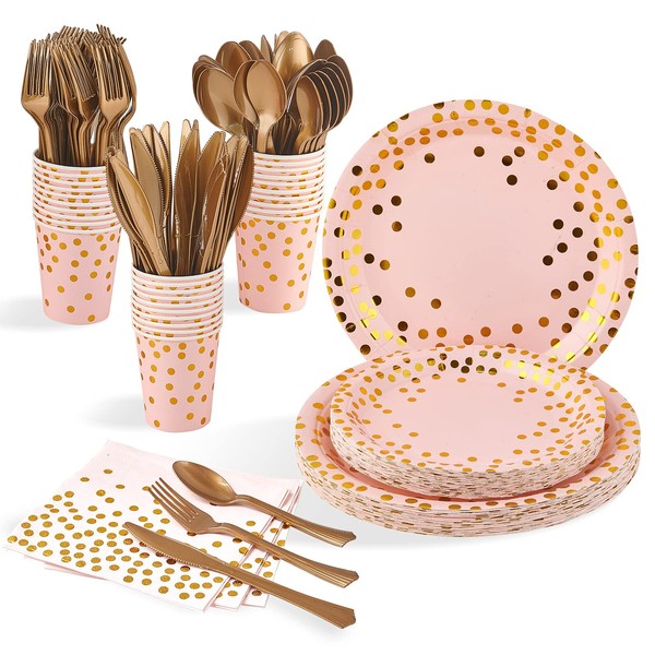 210 Piece Golden Dot Disposable Party Dinnerware Set 30 Guest -Pink Paper Plates Napkins Cups,Gold Plastic Forks Knives Spoons,FOCUSLINE Pink and Gold Party Supplies for Graduation Birthday Wedding