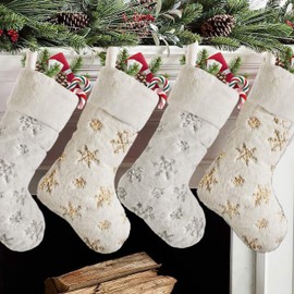 eBoutik - Soft Faux Fur Large Christmas Stocking With Sparkle Snowflakes - Large White 20 Inch Soft Thick Plush Hanging Stockings for Family Holiday, Fireplace Decorations (Silver)