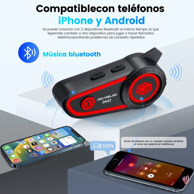 Gearelec Dk02 Audífonos Para Casco De Motos 2800mAh Bluetooth5.2 Impermeables