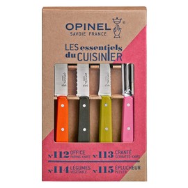 OPINEL Les Essentials - Small Kitchen 4 Piece Knife Set - Paring, Serrated, Peeler, Vegetable Knife, Corrosion Resistant High Carbon Steel, Made in France (50s)