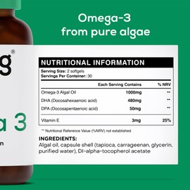Vegan Omega 3, Algae Oil Omega 3 Supplement for Adults, Vegan Omega 3 Capsules w/DHA Omega 3 Algal Oil for Heart & Brain Health & to Lower Cholesterol - 60 Omega 3 Softgel Capsules