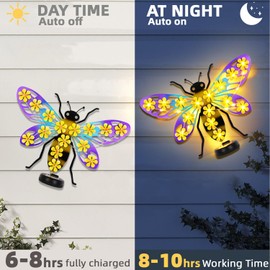 JJALIGHTS Metal Bee Outdoor Wall Decor with 30 Led Solar Lights- 13.8" Outdoor Fence Wall Art Decor, Gift for Mom Grandma Women Birthday Gardening,Hanging Decoration for Garden Patio Porch Yard