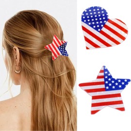 2PCS 4th of July Hair Clips American Flag Star Heart Hair Claw Clips for Women Acrylic American Flag Nonslip Shark Barrettes for Styling Patriotic Hair Accessories for Women Independence Day Party