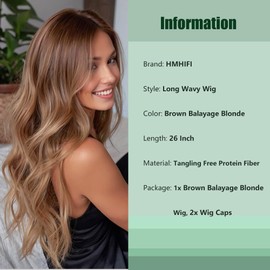 Long Brown Balayage Blonde Wigs for Women 26inch Wavy Curly Wig Natural Looking Middle Part Synthetic Heat Resistant Hair Replacement Wigs for Daily