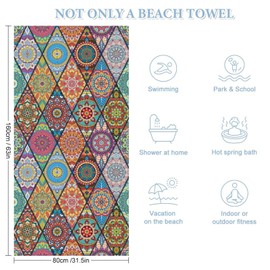 GANMP Bohemia Microfiber Lightweight Thin Beach Towel Sand Free Quick Dry Super Absorbent Compact Oversized Large Towels for Swimming Pool Yoga Gym Travel Vacation Essentials Adults