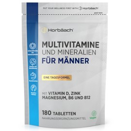 Multivitamin Tabletten Männer | 6 Monate Vorrat - 180 Vegane Tabletten | 28 Vitamine & Mineralien mit Magnesium, Jod, Vitamin B3, Vitamin D, Zink und mehr!| Horbaach