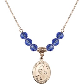 Bonyak Jewelry 18 Inch Hamilton Gold Plated Necklace w/ 6mm Blue September Birth Month Stone Beads and Saint Christopher/Basketball