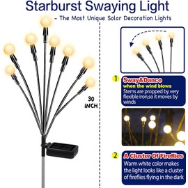 TONULAX Solar Garden Lights - New Upgraded Solar Swaying Light, Sway by Wind, Solar Outdoor Lights, Yard Patio Pathway Decoration, High Flexibility Iron Wire & Heavy Bulb Base, Warm White(8 Pack)