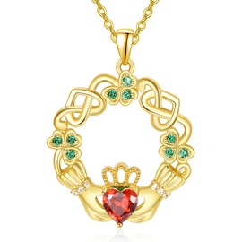 Dreamboat Sterling Silver Claddagh Necklace for Women Celtic Knot Irish Necklace Clover Shamrock Necklaces Gold Red Ruby July Birthstone Necklace Luck ST Patricks Day Jewelry Gift for Mom, Large,