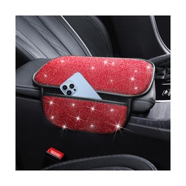 Sandfren Bling Car Center Console Cover, Crystal Rhinestone Vehicle Armrest Cover Cushion with 2 Storage Bags for Women Girls, Diamond Auto Storage Box Protector Pad, Universal Fit (Red)
