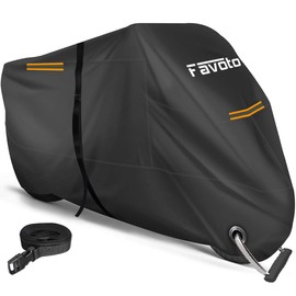 Favoto Motorcycle Cover, Thick, UV Protection, Highly Windproof, Rainproof, Waterproof, Snowproof, Dustproof, Durable, Anti-Theft, 6.5 ft (2.5 m) Windproof Belt, One-Touch Buckle, Locking Hole,
