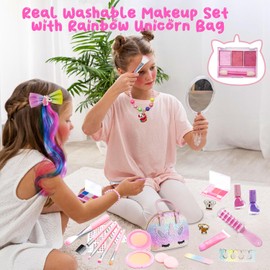 Kids Real Makeup Kit for Little Girls with Unicorn Purse - Non Toxic, Washable Make Up Toy - Kids Pretend Play Set Vanity Birthday Gift for Ages 3 4 5 6 7 8 9 10 12 Years Old (Rainbow Unicorn Bag)