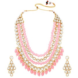 Aheli Traditional Beads Kundan Layered Pink Necklace & Dangle Earring Ethnic Jewelry Set Gift for Women