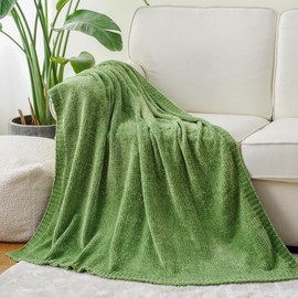 BATTILO HOME Chenille Knitted Throw Blanket for Couch, Spring Summer Green Throw Blanket for Home Decor, Decorative Cozy Soft Moss Green Blankets for Bed Sofa Couch Living Room, 51"x67"