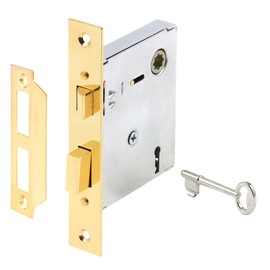 Prime-Line E 2294 Vintage Style Indoor Mortise Lock Assembly Kit – Cast Steel, Brass Plated Finish, Antique Skeleton Key – Backset, 1/4” Max Square Spindle - Reversible Latch Bolt (Single Pack)