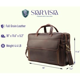 STAR VISTA Sforza Large 18" Laptop Messenger Bag, Full Grain Leather Briefcase for Men, Business Travel, YKK Zippers and Brass Hardware, Fits 17.3" Laptop