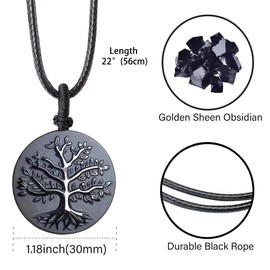 weryerker Black Obsidian/Golden Obsidian Tree of Life Natural Crystal Pendant Necklace with 22 inch Waterproof Black Rope for Men (Black obsidian)
