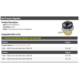 Marketplace Auto Parts - Fuel Pressure Regulator - Compatible with 2001-2005 Chevy Silverado 2500 HD 6.0L, 8.1L V8