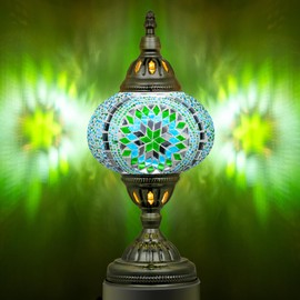 Marrakech Moroccan Mosaic Lamp Turkish Table Lamp, Handmade Turkish Light with Glass Shard and Bronze Base Including LED Bulb for Living Room Bedroom Decor (Green)