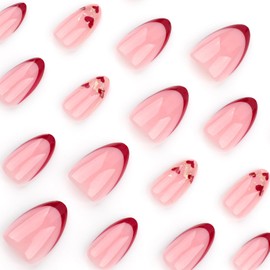 LBPEPAMZ 24Pcs Valentine's Day Press on Nails Short Almond Fake Nails with Gold Foil Designs Red French Tips Love Heart Acrylic Nails False Nails Full Cover Glossy Pink Nude Stick on Nails for Women