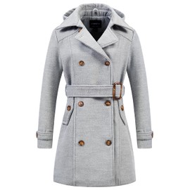 Chrisuno Peacoats for Women Pea Coats with Hood Women's Warm Double Breasted Wool Coat Trench Jacket Light Grey L