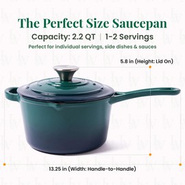 Larder & Vine Enameled Cast Iron Saucepan | 2.2 qt Sauce Pan with Lid | Saucepan with Pour Spouts | Enameled Cast Iron Pot Compatible on All Cooktops & Oven Safe to 500° F | Bondi