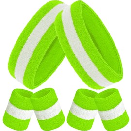 Bememo 6 Pcs Neon Sweatbands Set for Men Women 80s Tennis Striped Headband Sports Wristband Set Costumes Glow Cosplay Party(White and Green)