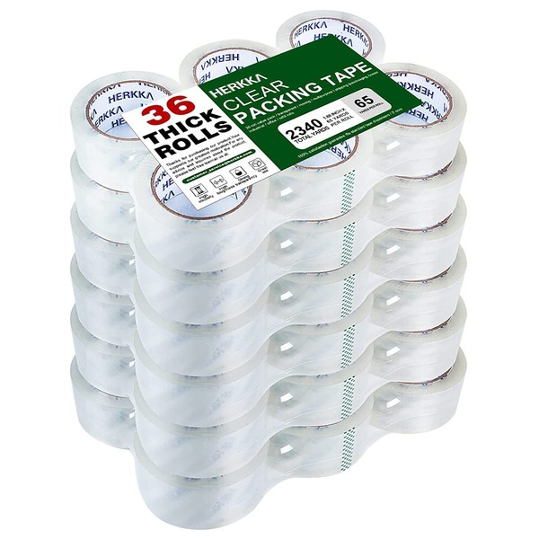 HERKKA Clear Packing Tape, 36 Rolls Heavy Duty Packaging Tape for Shipping Packaging Moving Sealing, Thicker Clear Packing Tape, 1.88 inches Wide, 65 Yards Per Roll, 2340 Total Yards