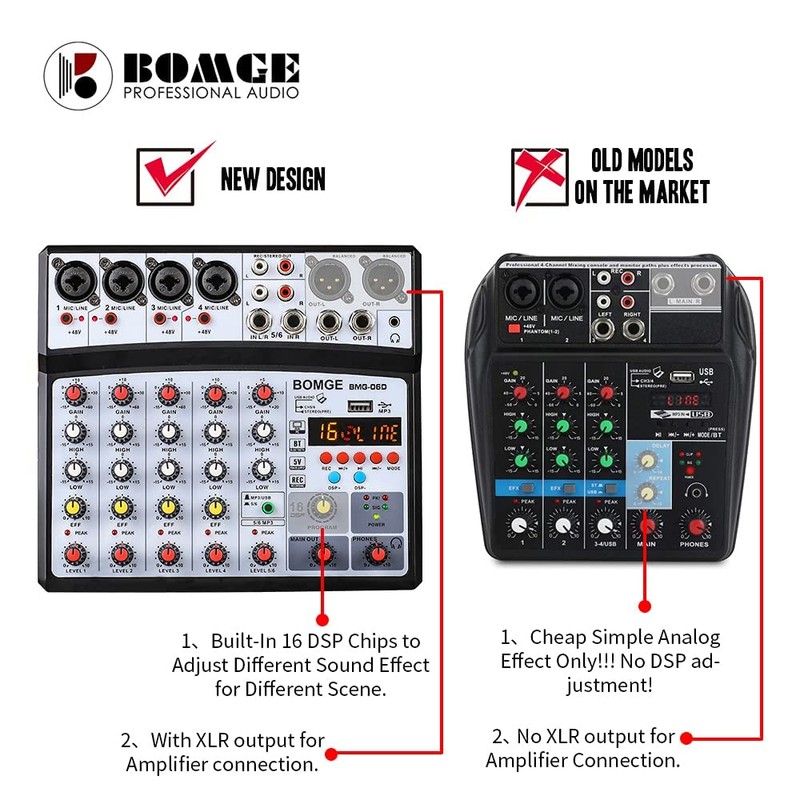 BOMGE 6 Channel Audio Sound Mixer - Professional Digital DJ