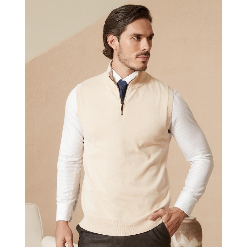 Kallspin Men’s Pure Cotton Quarter Zipper Sweater Vest V-Neck Lightweight