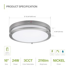 ASD LED 16 Inch Round Flush Mount Light Fixture | 24W 2150LM 3000K-5000K 100-277V | 3CCT, Dimmable, Battery Backup, ETL Listed | Close to Ceiling Lamp, Low Profile Lighting | Nickel