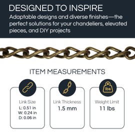 RCH Hardware CH-S51-16-PB-3 | 14 Gauge Decorative Solid Steel Double Jack Fixture Chain | 3 Foot Increments | Polished Brass Finish
