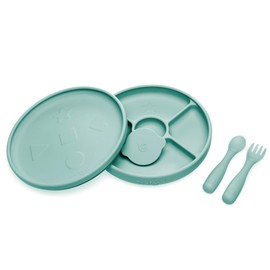 Talktools Bitsy Feeding Kid's Essentials Plate Set – Toddler Utensils, Spoon and Fork, Plate Lid, Perfect for Mealtime – Strong Suction Toddler Plates with 4 Compartments (Sage)