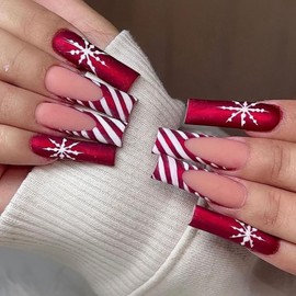 Christmas Press on Nails Long Square MABKJLF Red & White French Tip Fake Nails False Nails with Designs Snowflake Glitter Matte Glue on Nails Stick on Nails Acrylic Nails for Women Girls 24 Pcs