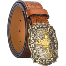 NociHah Womens-Vintage-Western-Leather-Belt Country Cowgirl-Belt for Women-Men Embossed With LongHorn Bull Buckl-Belt Fit for Waist 31"-34", Brown, Fit for Waist 31"-34"