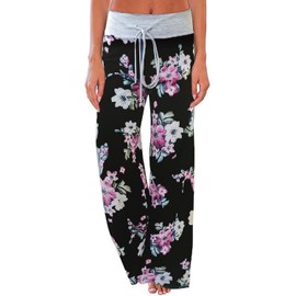 AMiERY Women's Casual Pajama Pants Lounge High Waisted Wide Leg Comfy Drawstring Floral Print Palazzo Pj Bottoms Pants Black M