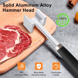 HOOMIL Meat Tenderiser, Double-Sided Non-Stick Schnitzel Tenderiser, Meat Hammer with Non-Slip Handle for Cutlets, Steaks - Silver