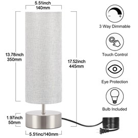 Bedside Touch Lamp, 3 Way Touch Control Table Lamp with Silver Base, Modern Gray Nightstand Lamp with Cylinder Shade, Simple Dimmable Night Light for Bedroom Living Room Kitchen, LED Bulb Included