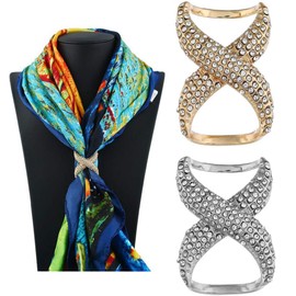 2PCS(Gold+Silver) Women Lady Girls Fashion Rhinestone Inlayed Scarf Ring Buckle Modern Simple Jewelry Silk Scarf Clasp Clips Clothing Wrap Holder Decoration Accessories for T-shirt Neckerchief Shawl